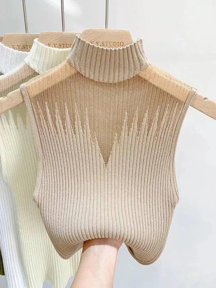 Beige ribbed turtleneck sleeveless top for women, stylish fashion knitwear