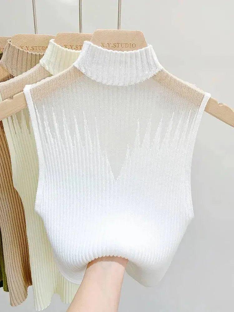 White ribbed turtleneck sleeveless top for women, soft knit fashion sweater