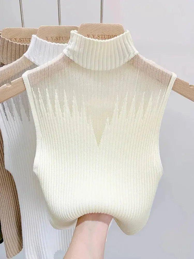 Cream ribbed turtleneck sleeveless top for women's fashion