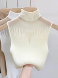 Cream ribbed turtleneck sleeveless top for women's fashion