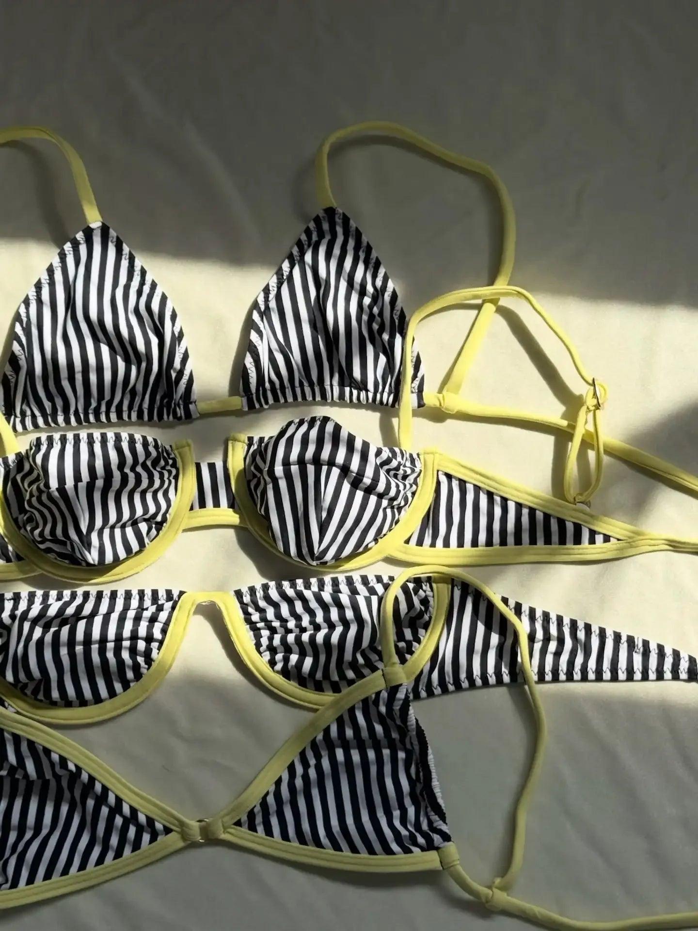 Black and white striped bikini tops with yellow trim, women's fashion swimwear