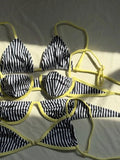 Black and white striped bikini tops with yellow trim, women's fashion swimwear
