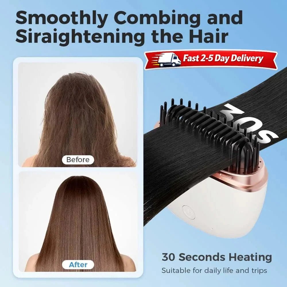 Mini Cordless Hair Straightener Brush Rechargeable Portable Hot Comb Rapid Heat 3 Temp Control Travel Styling Tools USB Charging - Womans Fashion