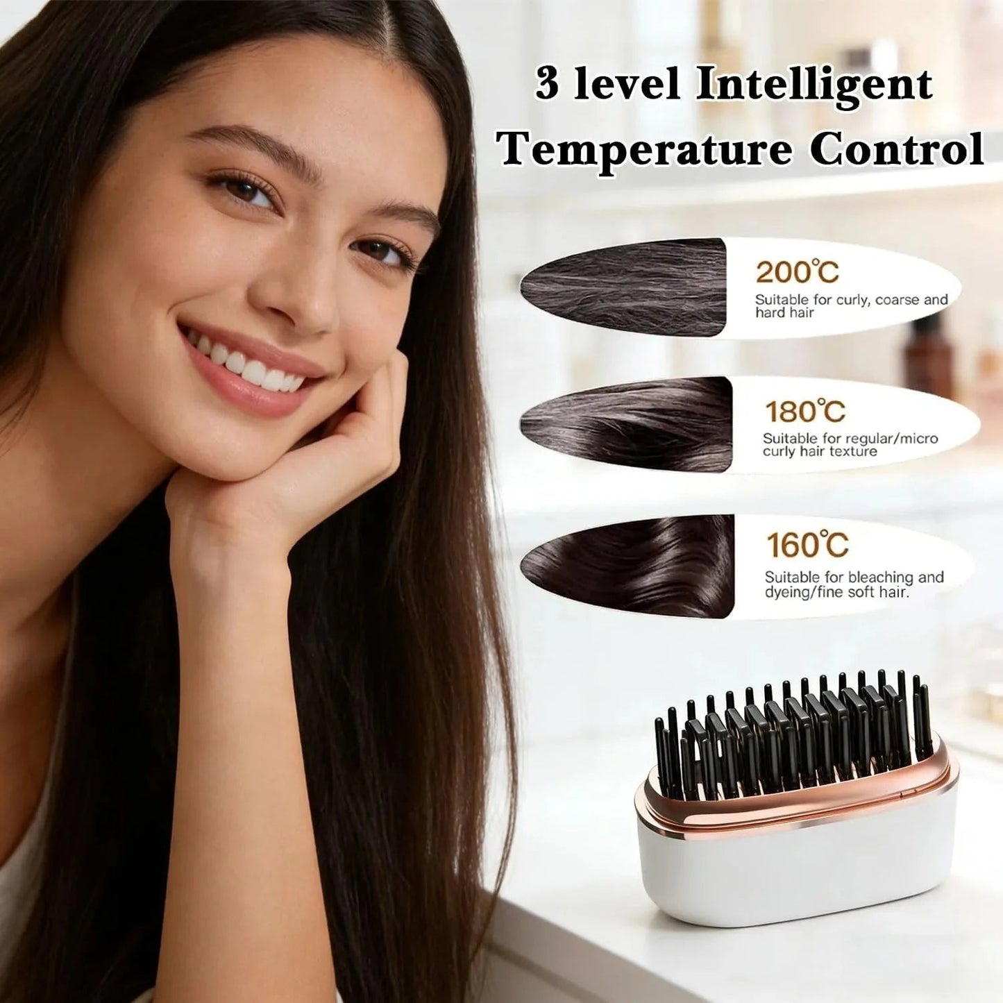 Mini Cordless Hair Straightener Brush Rechargeable Portable Hot Comb Rapid Heat 3 Temp Control Travel Styling Tools USB Charging - Womans Fashion