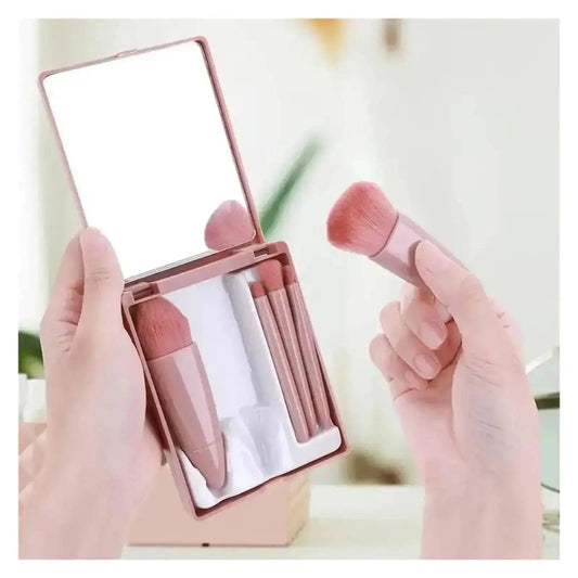 Pink makeup brush set with mirror, perfect for women's beauty and fashion routines