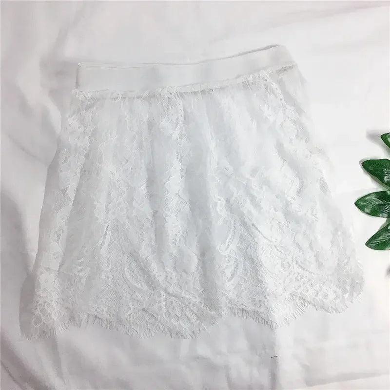 White lace mini skirt for women, delicate floral pattern, soft frayed hem, fashion apparel
