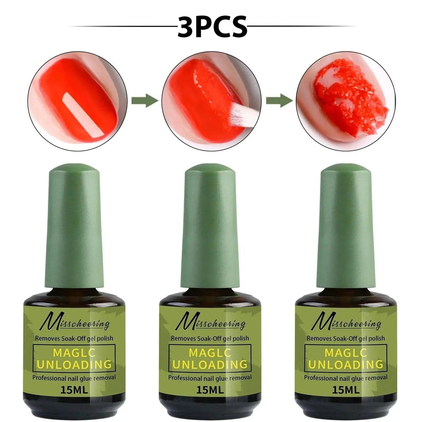 3PCS Misscheering Magic Unloading gel polish remover, 15ML each, professional nail glue removal for women's fashion beauty