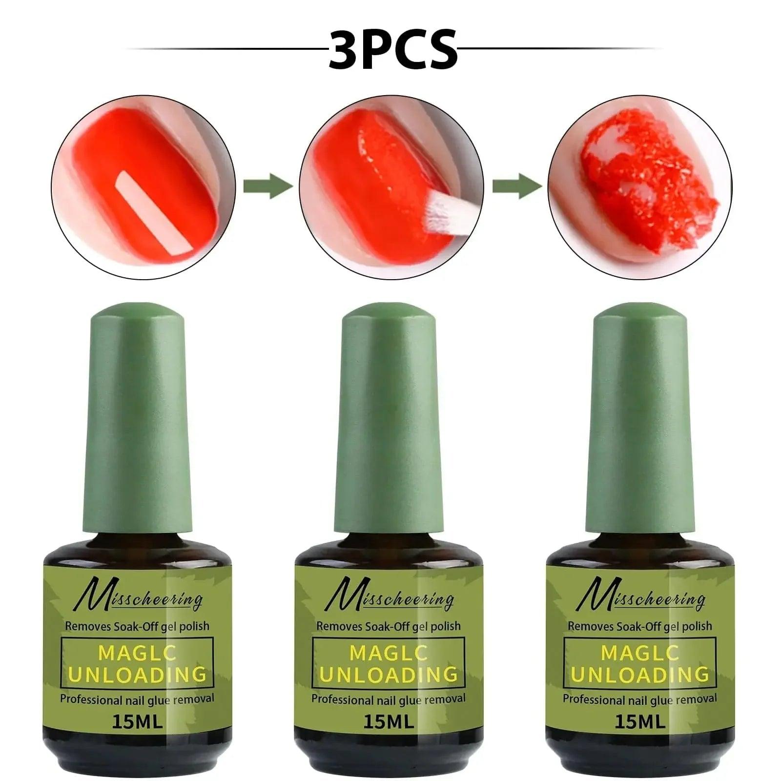 3PCS Misscheering Magic Unloading gel polish remover, 15ML each, professional nail glue removal for women's fashion beauty