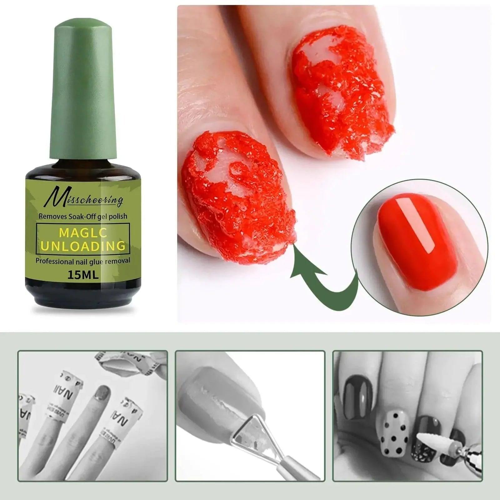 Magic Unloading nail glue remover for soak-off gel polish, 15ml bottle with before/after nail transformation