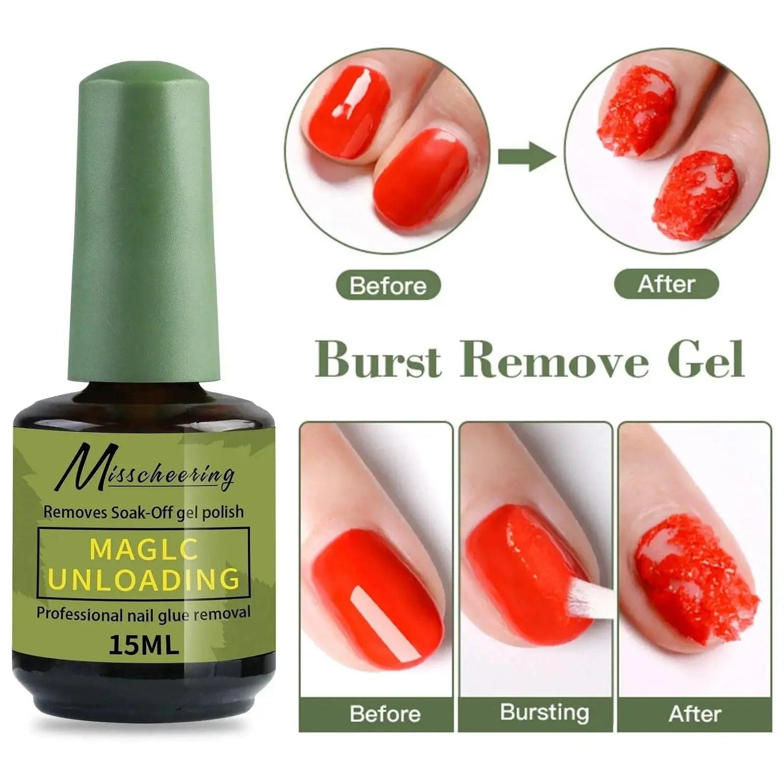 Misscheering Magic Unloading gel polish remover, 15ml, removes soak-off gel with burst effect, before and after nail transformation