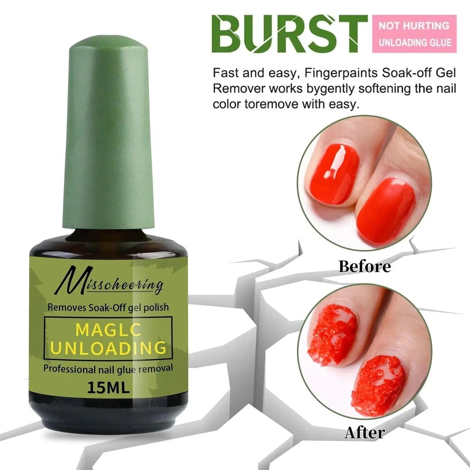 Misscheering Magic Unloading 15ml soak-off gel polish remover for gentle nail glue removal, before and after results shown