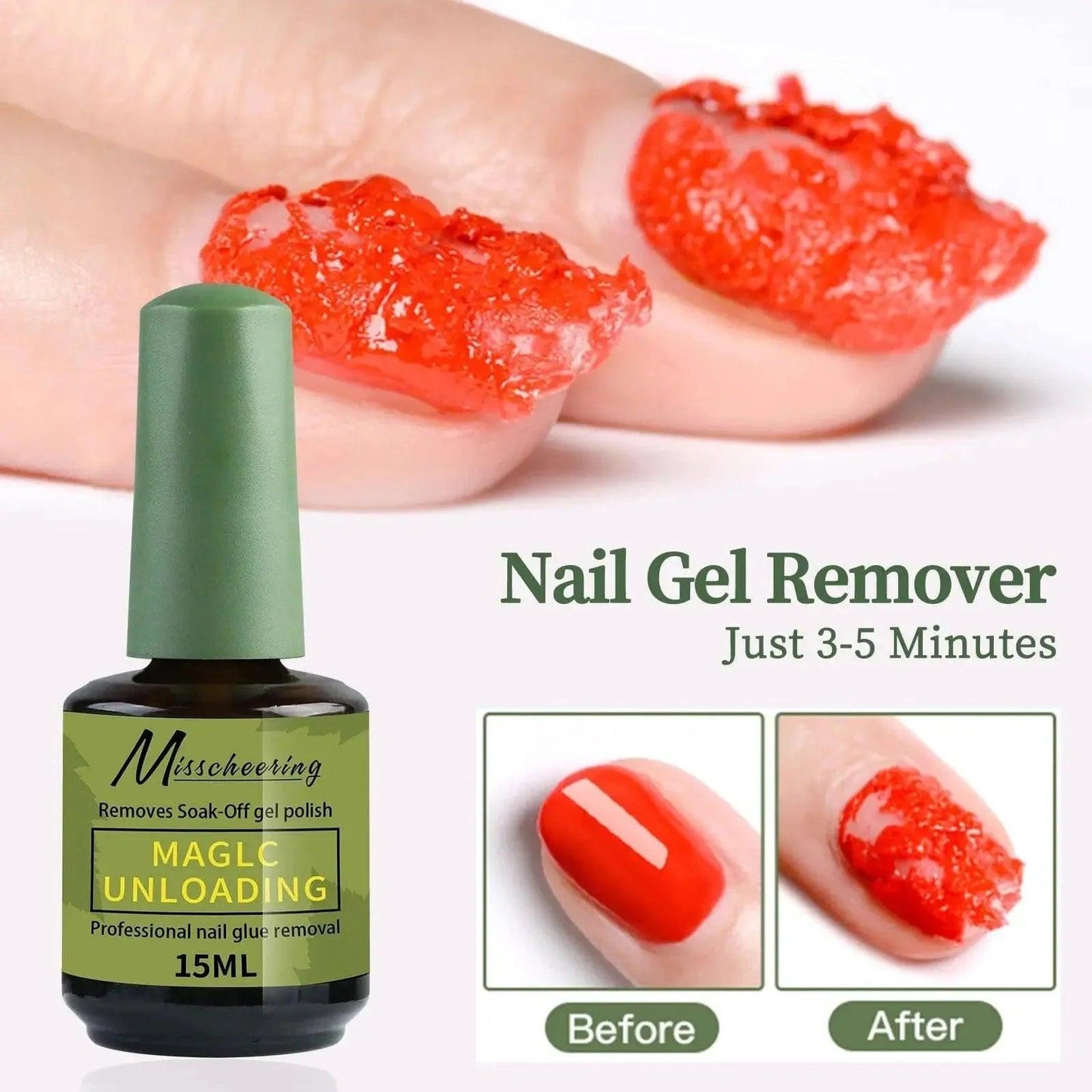 Misscheering Nail Gel Remover, 15ml, removes soak-off gel polish in 3-5 minutes, before and after results shown