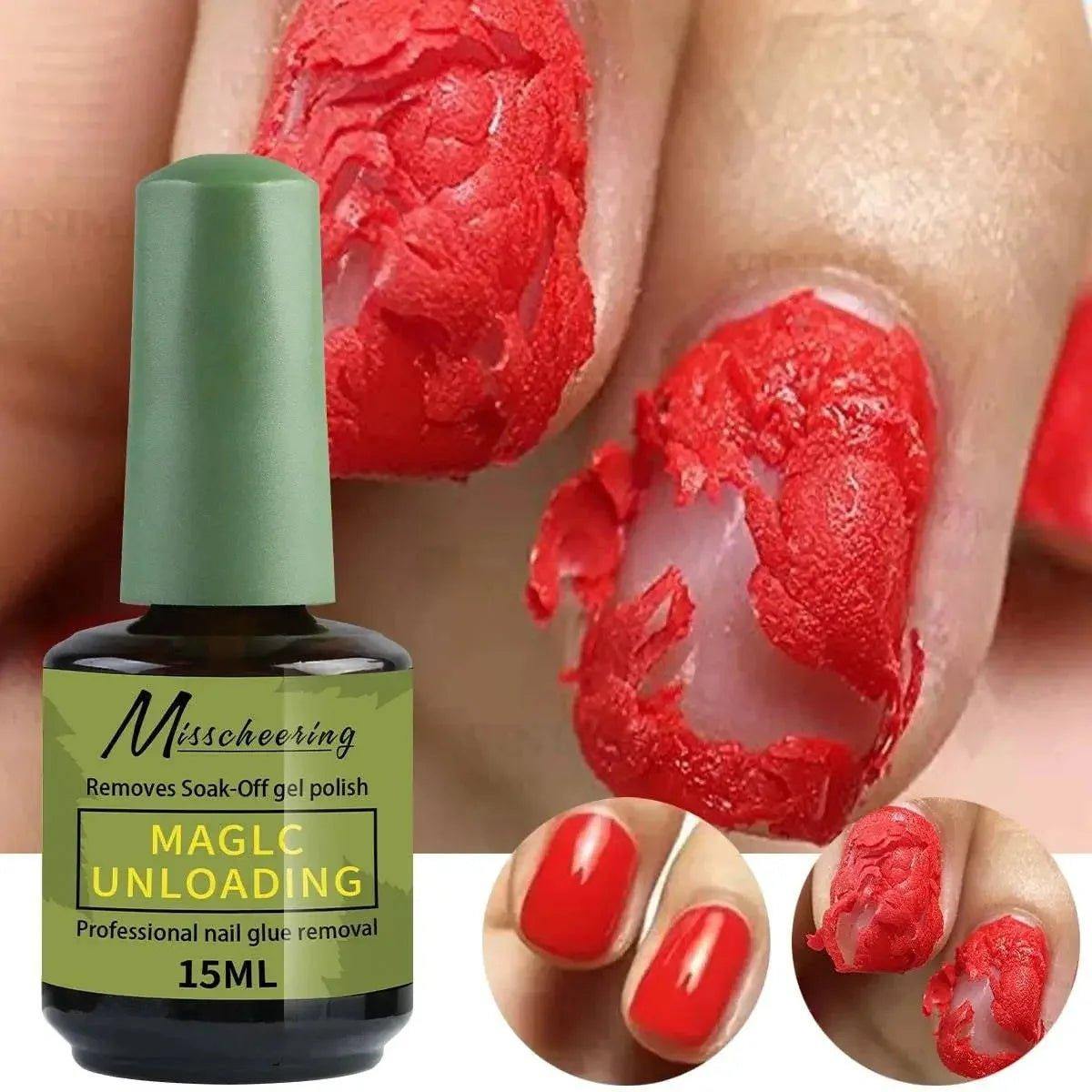 Magic Unloading gel polish remover for easy soak-off nail glue removal, 15ml bottle with peeling red polish effect