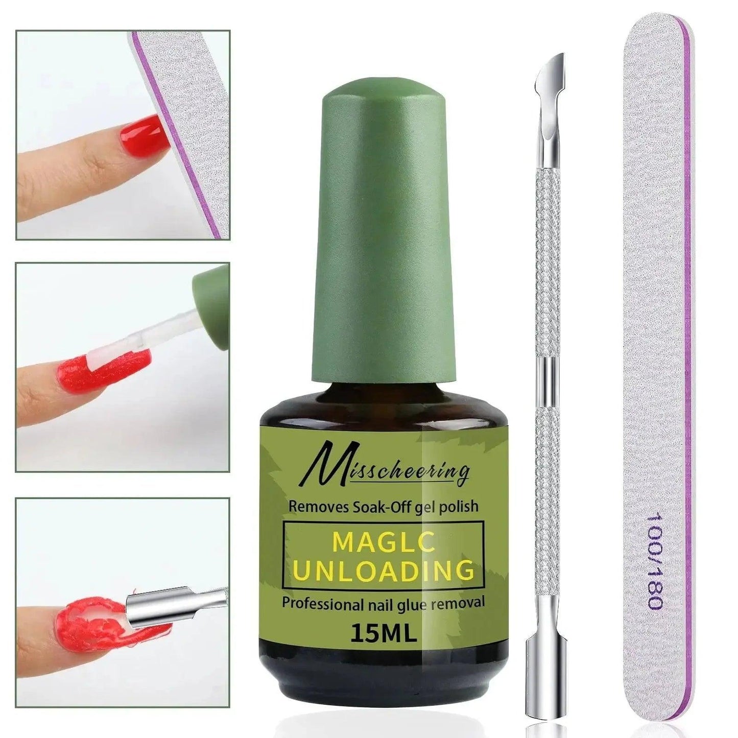 Magic Unloading gel polish remover kit with nail file and cuticle tool for professional nail care