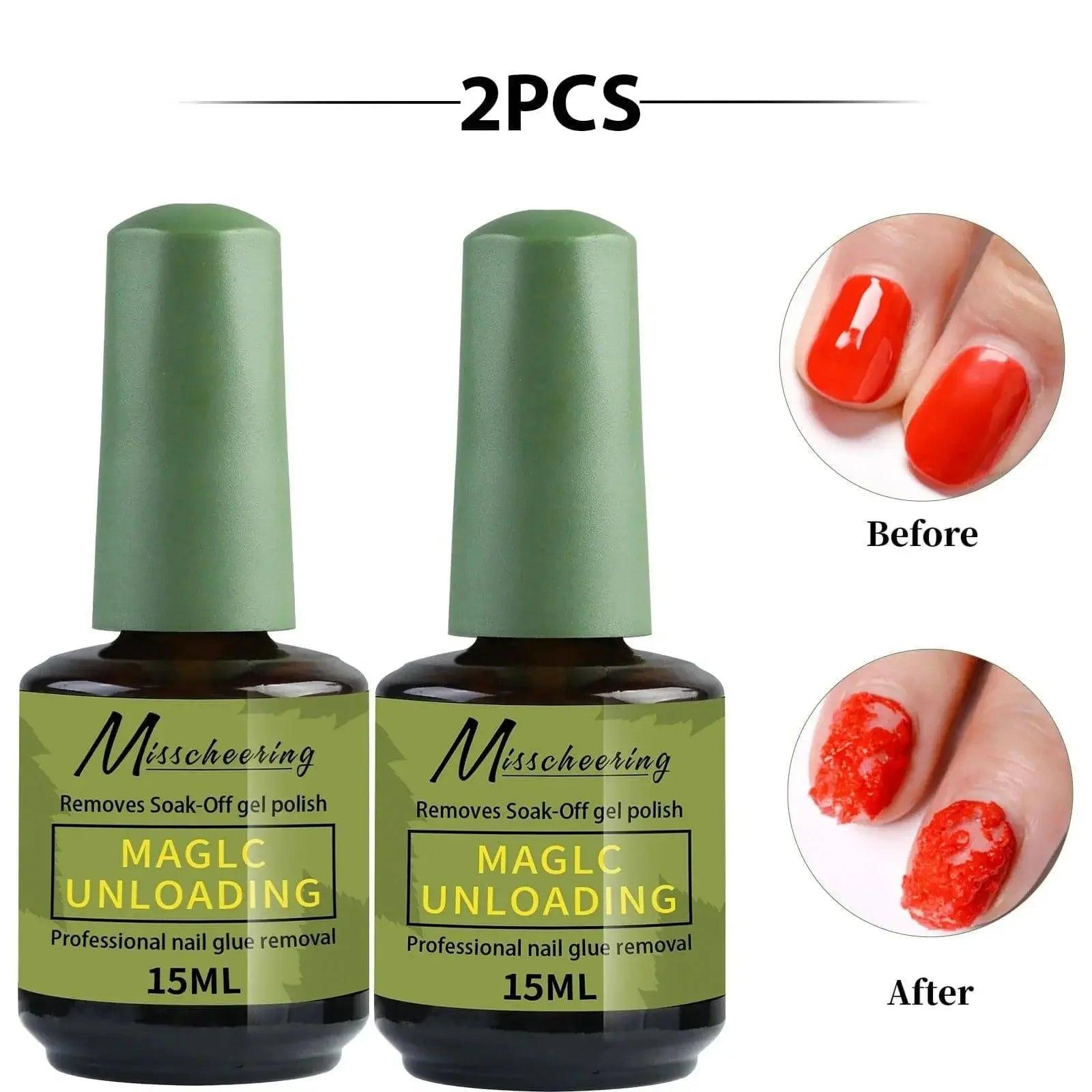 2PC Misscheering Magic Unloading gel polish remover, 15ml each, removes soak-off gel with before/after nail demo