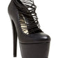 Black platform high heels with crisscross straps, women's fashion footwear