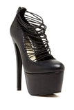 Black platform high heels with crisscross straps, women's fashion footwear