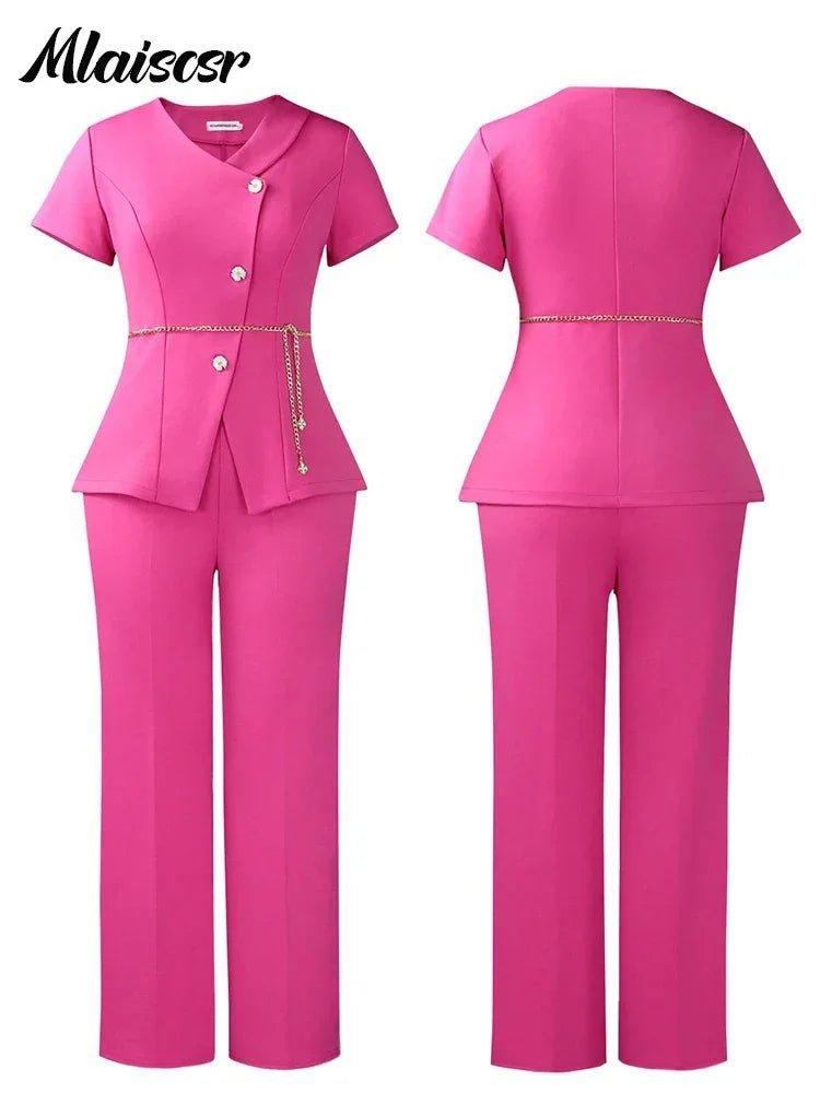 Pink women's fashion suit with chain belt, front and back view