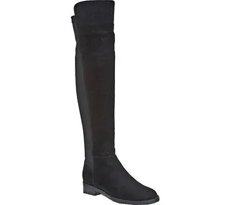 Black over-the-knee women's fashion boots with low heel