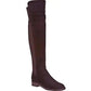 Women's dark brown over-the-knee suede boots with low heel, stylish fashion footwear