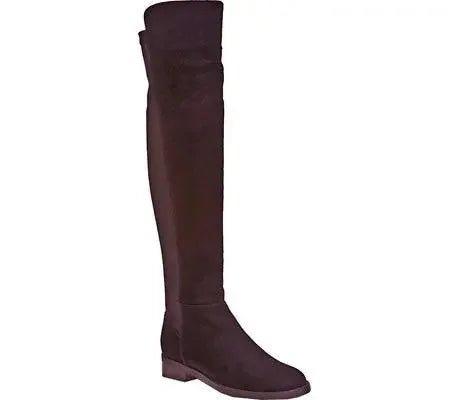 Women's dark brown over-the-knee suede boots with low heel, fashion footwear