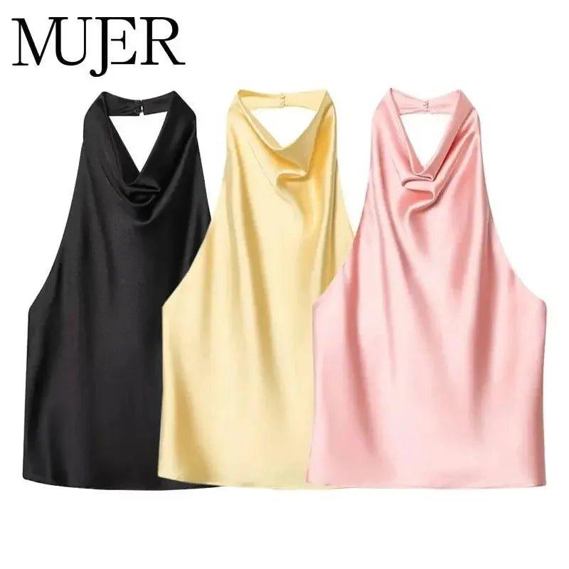 MUER women's satin halter tops in black, yellow, pink — elegant sleeveless fashion tops