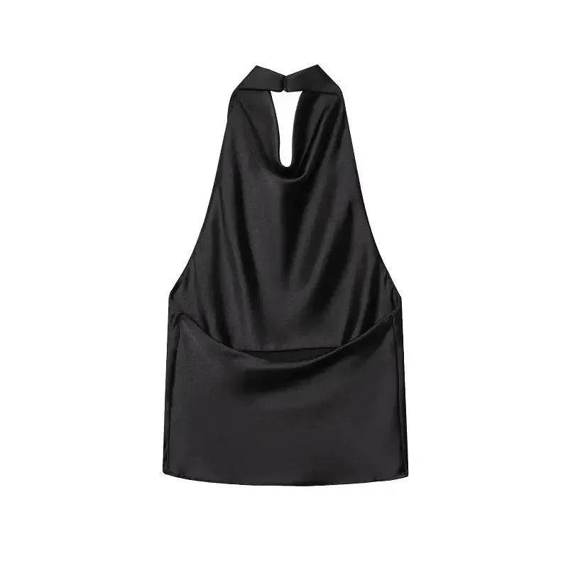 Black satin halter neck top with cowl back, elegant women's fashion blouse