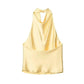 Elegant yellow satin halter top with draped neckline, perfect for women's fashion and stylish outfits.