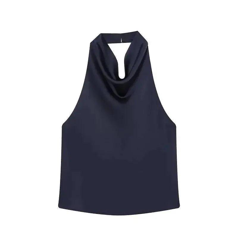 Navy blue sleeveless top with cowl neckline for women's fashion