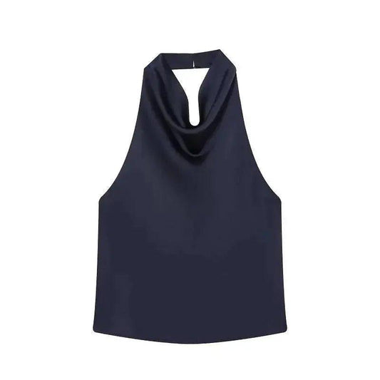 Navy blue sleeveless top with cowl neckline for women's fashion
