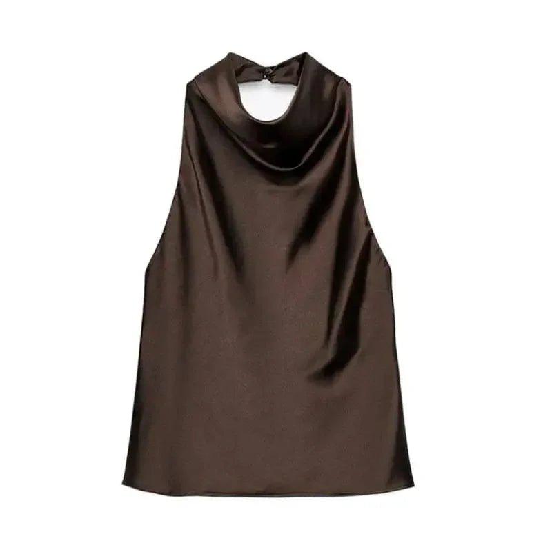 Brown satin sleeveless top with cowl neckline, elegant women's fashion