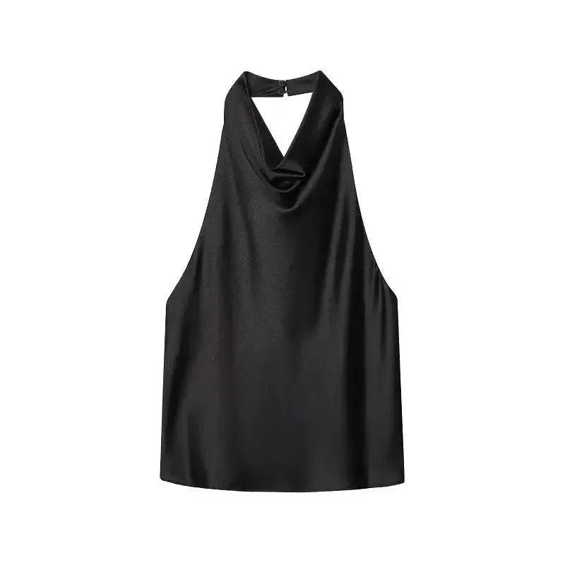 Black satin halter neck top with cowl neckline, women's fashion