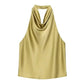 Gold satin halter neck top with cowl neckline, elegant women's fashion blouse