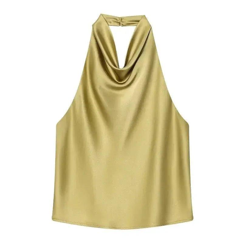 Gold satin halter neck top with cowl neckline, elegant women's fashion blouse