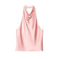 Pink satin halter neck top with cowl neckline, elegant women's fashion blouse
