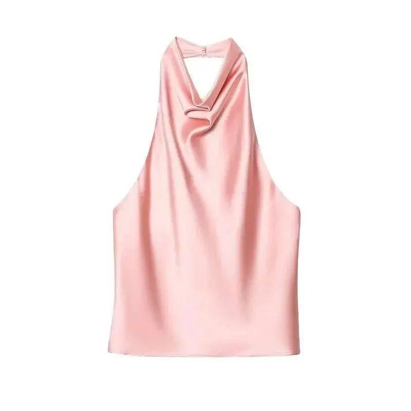 Pink satin halter neck top with cowl neckline, elegant women's fashion blouse