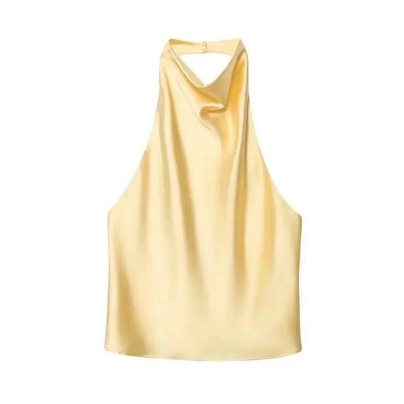 Elegant yellow satin halter top for women's fashion, perfect for stylish outfits