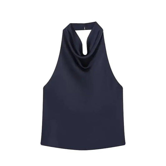 Navy blue sleeveless cowl neck top for women's fashion