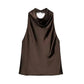 Elegant brown satin sleeveless top with cowl neckline, perfect for women's fashion