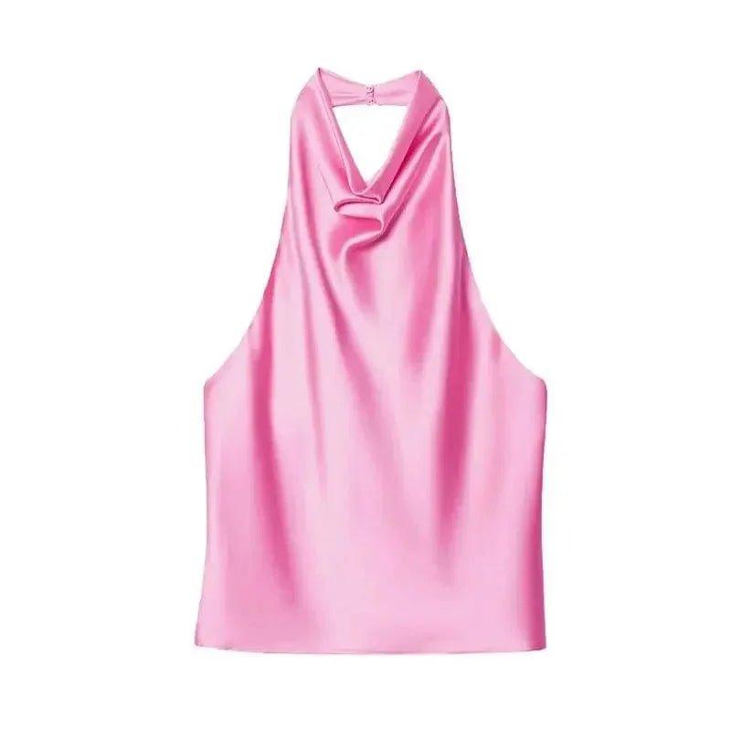 Pink satin halter neck top for women's fashion, elegant and sleek design
