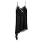 Black lace trim satin slip dress for women, elegant nightwear with asymmetrical hem