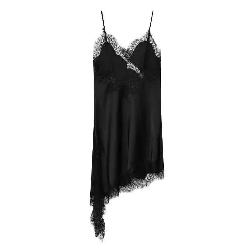 Black lace trim satin slip dress for women, elegant nightwear with asymmetrical hem