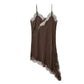 Brown lace-trimmed satin slip dress, women's fashion lingerie with asymmetrical hem