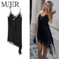 Black lace trim satin slip dress for women, elegant street style fashion