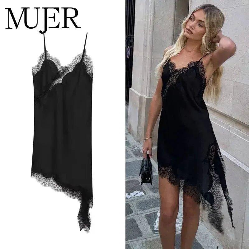 Black lace trim satin slip dress for women, elegant street style fashion