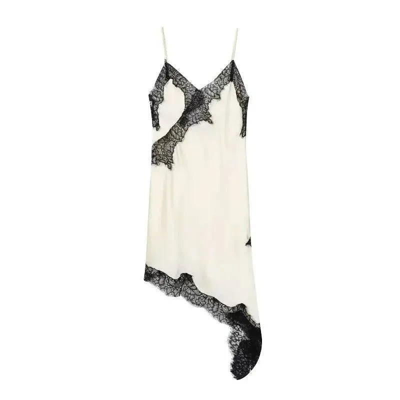 Elegant white lace-trimmed slip dress with asymmetrical hem, perfect for women's fashion