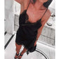 Black lace trim satin slip dress for women, elegant nightwear in luxury bathroom setting