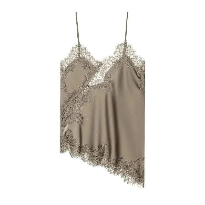 Elegant beige lace camisole top with delicate straps and floral trim, perfect for women's fashion
