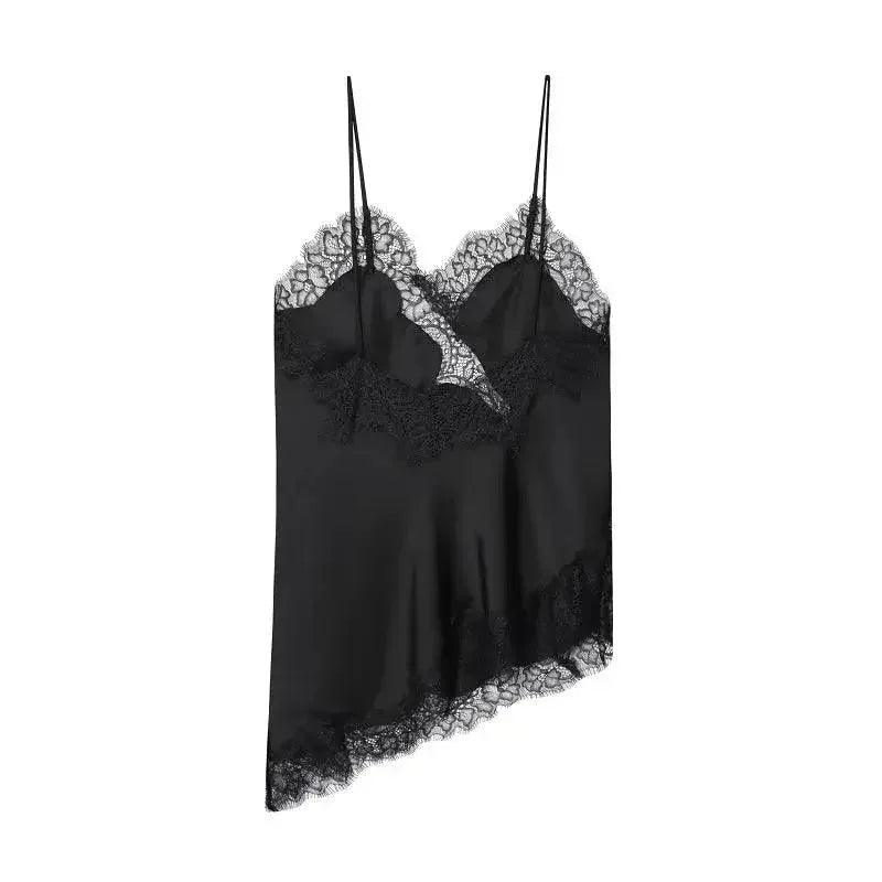 Black lace trim satin camisole for women's fashion and lingerie