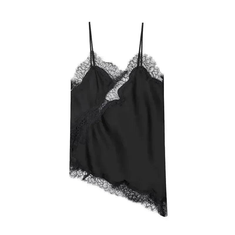 Black lace trim satin camisole top for women's fashion